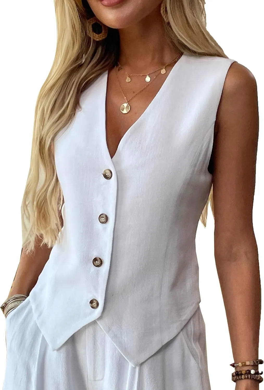 heipeiwa Women's Cotton Linen Vest Button Down Sleeveless V Neck Tank Tops Waistcoat Jacket
