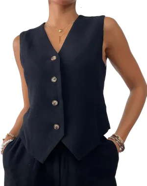 heipeiwa Women's Cotton Linen Vest Button Down Sleeveless V Neck Tank Tops Waistcoat Jacket