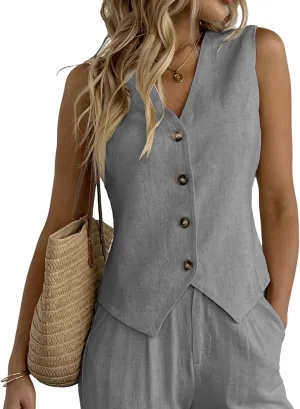 heipeiwa Women's Cotton Linen Vest Button Down Sleeveless V Neck Tank Tops Waistcoat Jacket