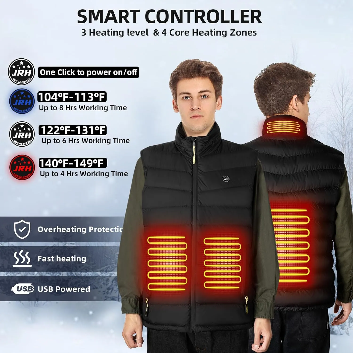 JRH Heated Vest for Men and Women With Retractable Hood and Battery Pack