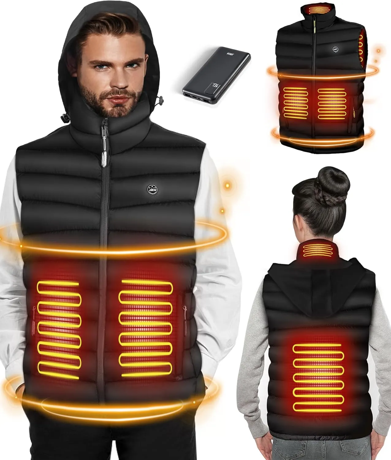 JRH Heated Vest for Men and Women With Retractable Hood and Battery Pack