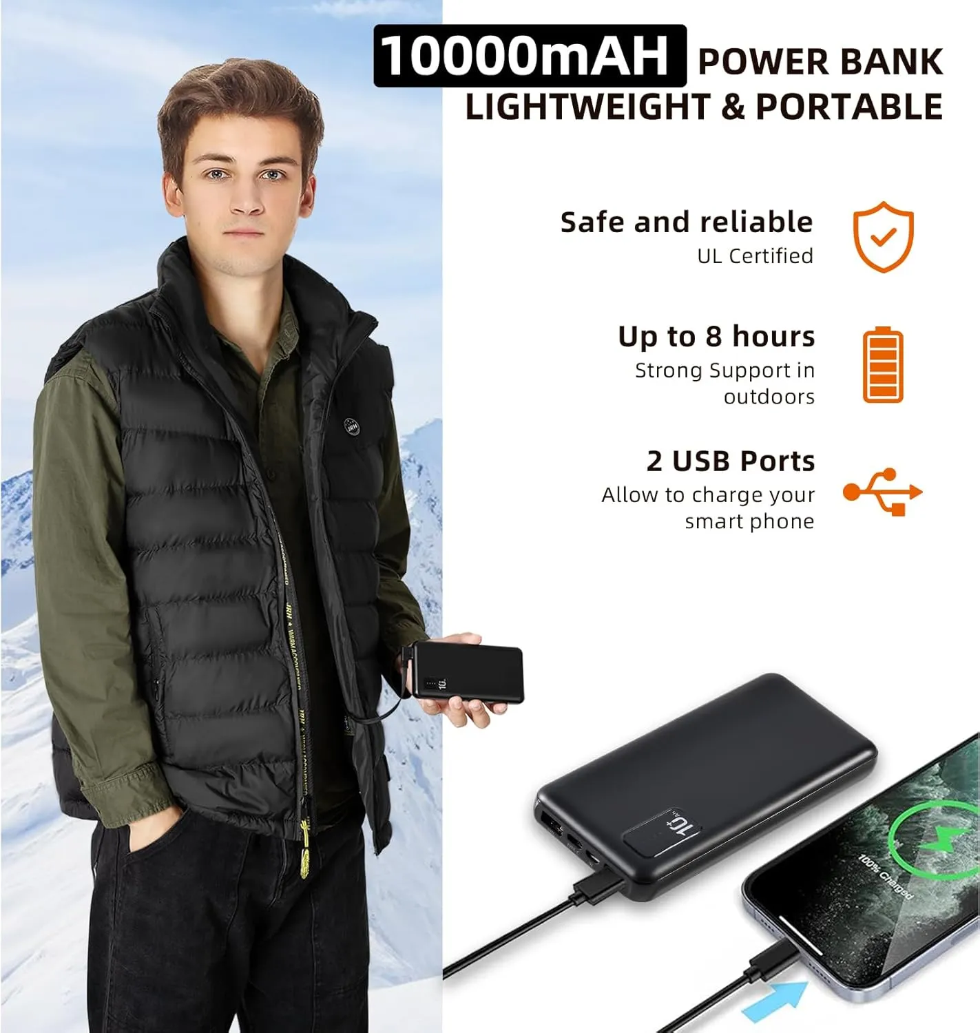 JRH Heated Vest for Men and Women With Retractable Hood and Battery Pack
