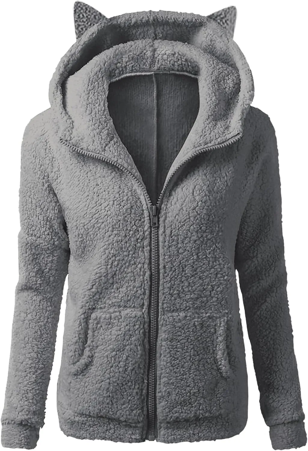 jsaierl Women Fluffy Bear Ears Cute Hooded Jacket Zip Up Hoodie Winter Double Fuzzy Warm Sweatshirt Comfy Outwear Coat