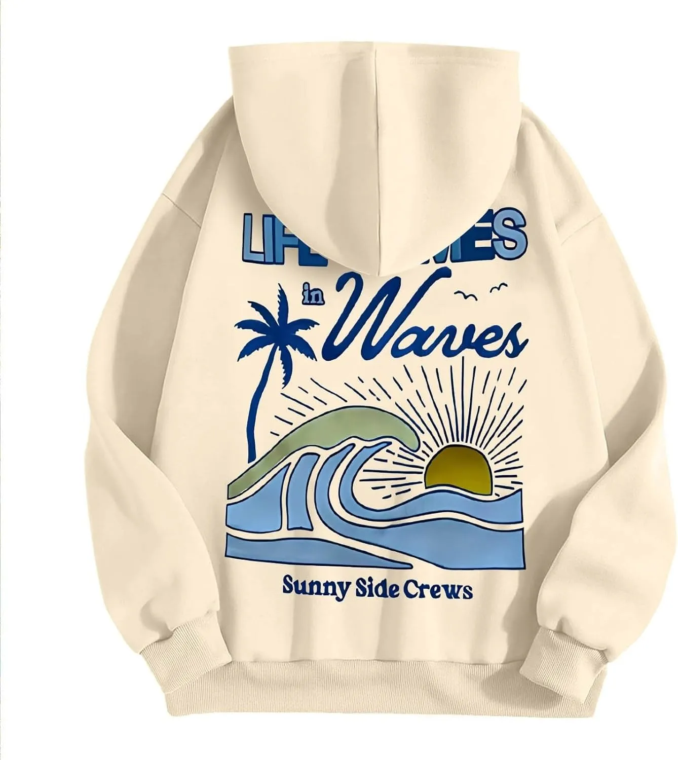Life Comes in Waves Print Sweatshirts Womens Oversized Hoodies Casual Long Sleeve Blouse Tops Drawstring Pocket Outfits