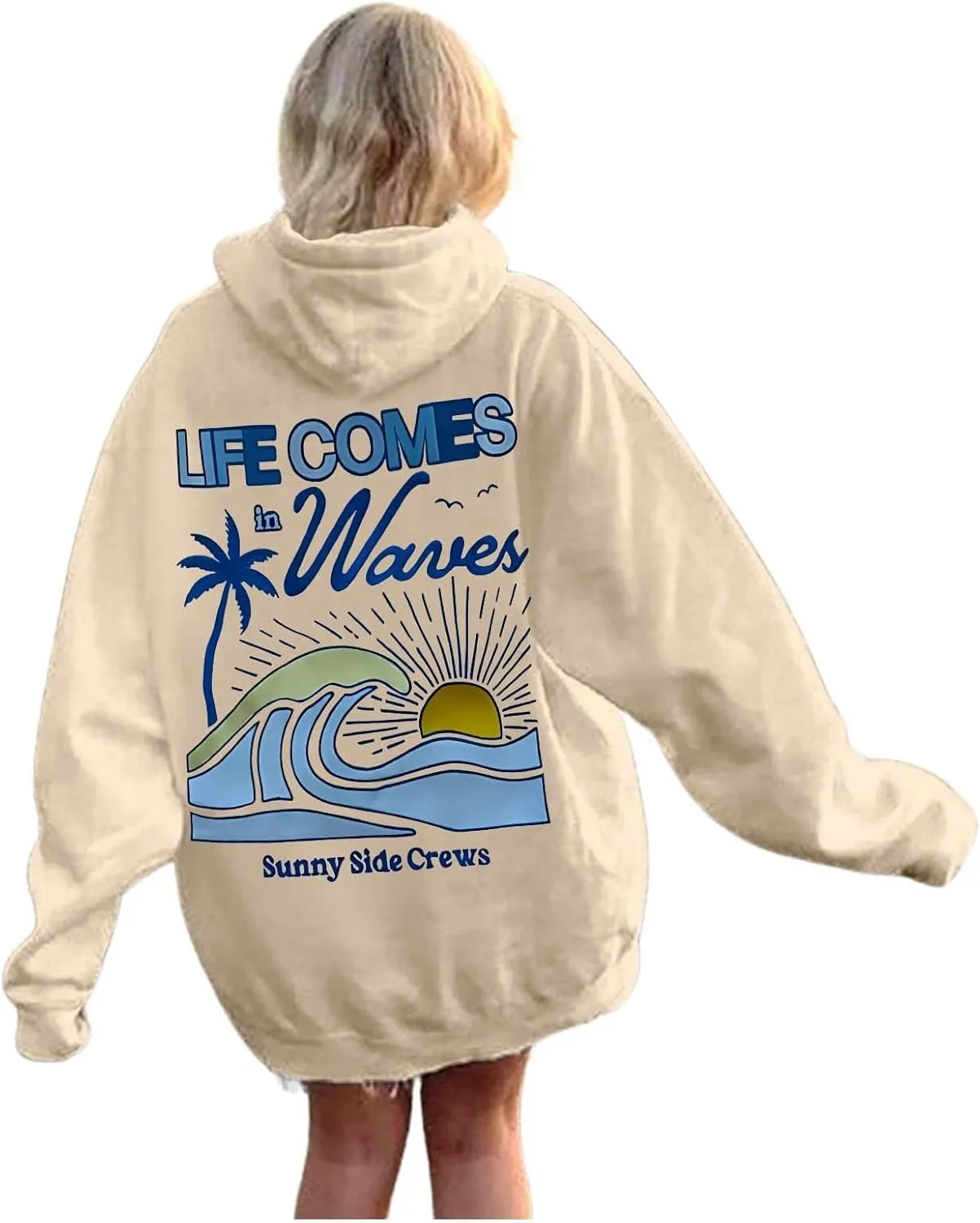 Life Comes in Waves Print Sweatshirts Womens Oversized Hoodies Casual Long Sleeve Blouse Tops Drawstring Pocket Outfits