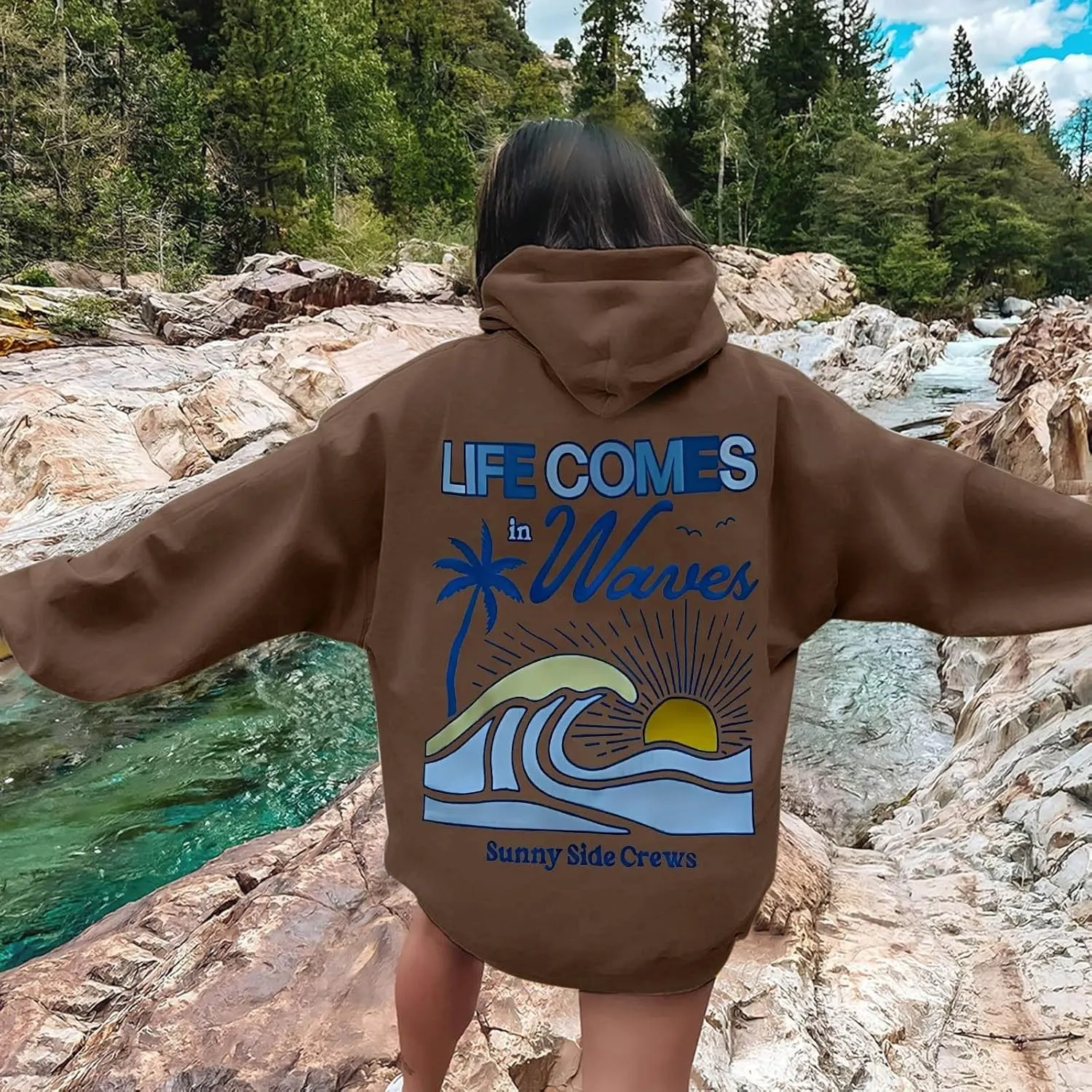 Life Comes in Waves Print Sweatshirts Womens Oversized Hoodies Casual Long Sleeve Blouse Tops Drawstring Pocket Outfits