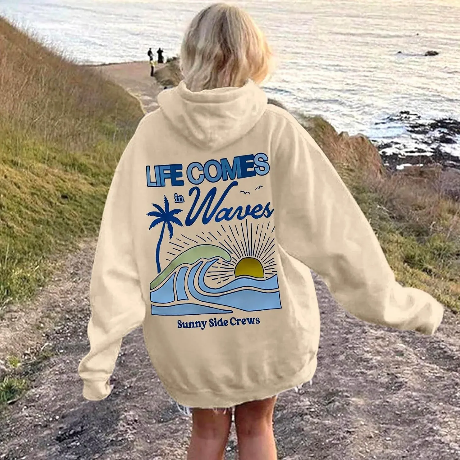 Life Comes in Waves Print Sweatshirts Womens Oversized Hoodies Casual Long Sleeve Blouse Tops Drawstring Pocket Outfits
