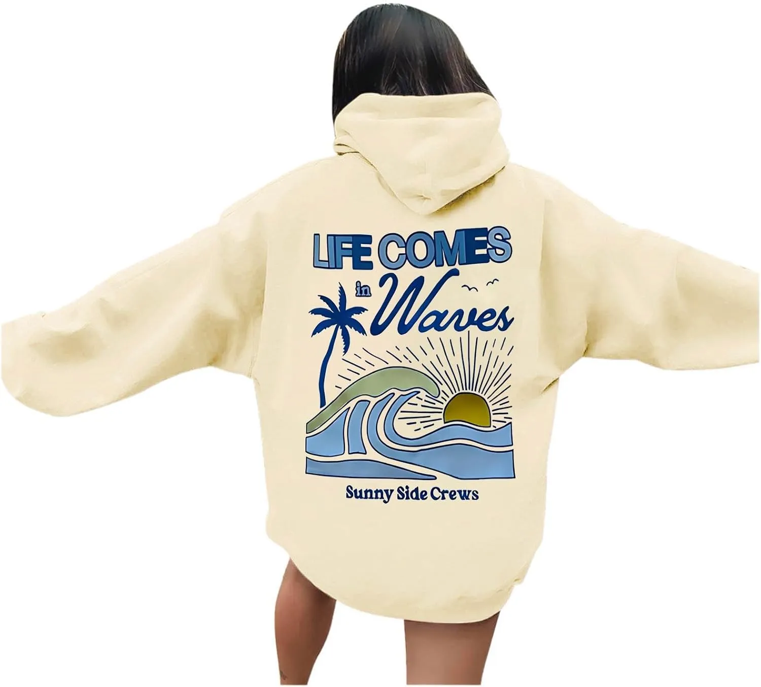 Life Comes in Waves Print Sweatshirts Womens Oversized Hoodies Casual Long Sleeve Blouse Tops Drawstring Pocket Outfits