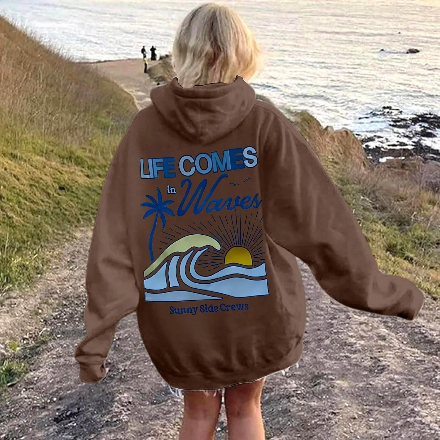 Life Comes in Waves Print Sweatshirts Womens Oversized Hoodies Casual Long Sleeve Blouse Tops Drawstring Pocket Outfits
