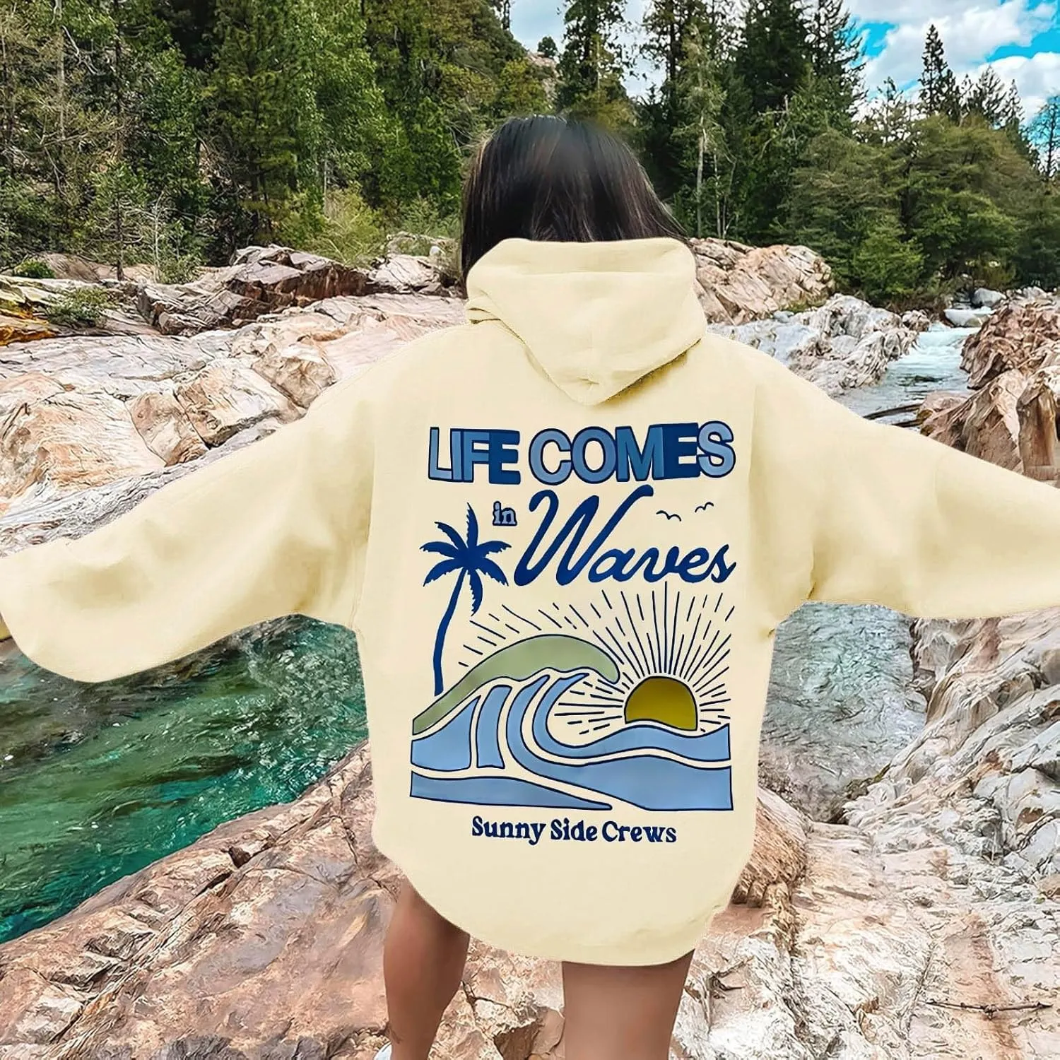 Life Comes in Waves Print Sweatshirts Womens Oversized Hoodies Casual Long Sleeve Blouse Tops Drawstring Pocket Outfits