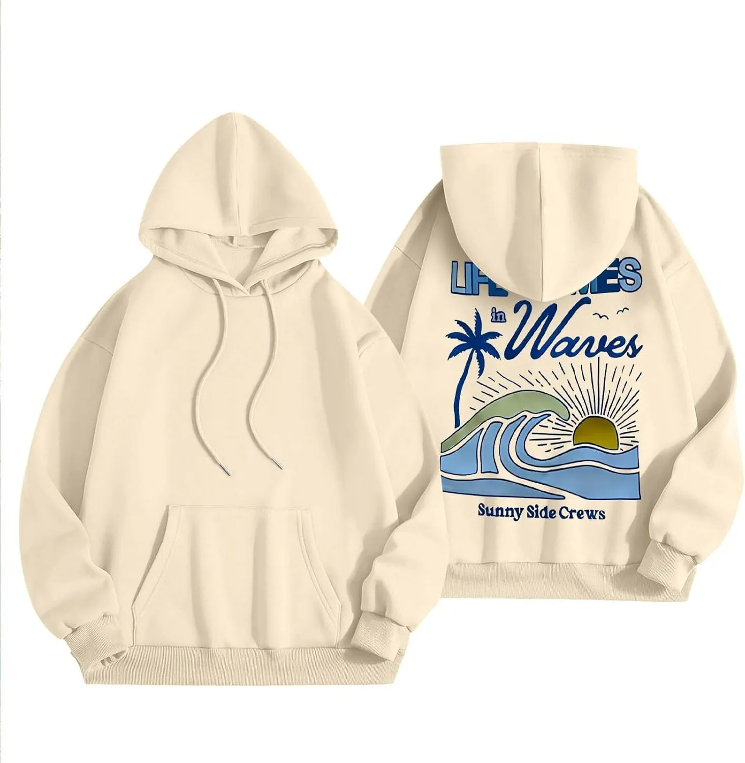 Life Comes in Waves Print Sweatshirts Womens Oversized Hoodies Casual Long Sleeve Blouse Tops Drawstring Pocket Outfits