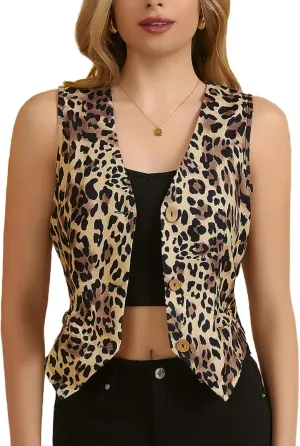 MakeMeChic Women's Leopard Print Vests V Neck Cheetah Vest Sleeveless Jacket Vest Tops Blazer Vests