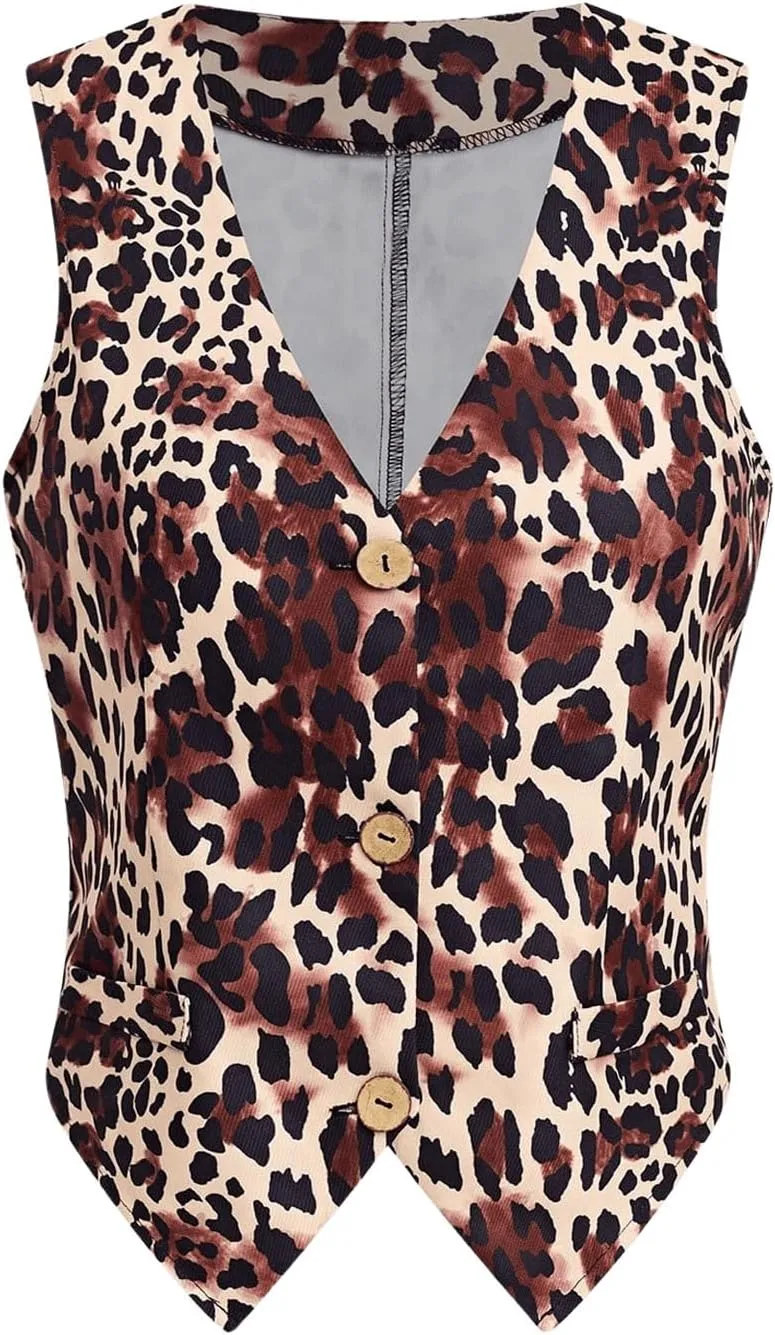 MakeMeChic Women's Leopard Print Vests V Neck Cheetah Vest Sleeveless Jacket Vest Tops Blazer Vests