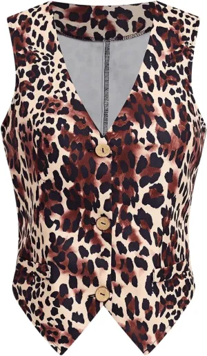 MakeMeChic Women's Leopard Print Vests V Neck Cheetah Vest Sleeveless Jacket Vest Tops Blazer Vests