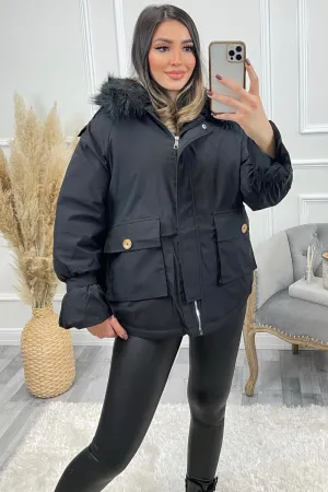 Mandy Black Faux Fur Trim Hooded Oversized Coat