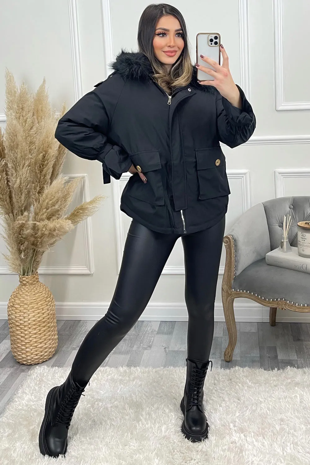 Mandy Black Faux Fur Trim Hooded Oversized Coat
