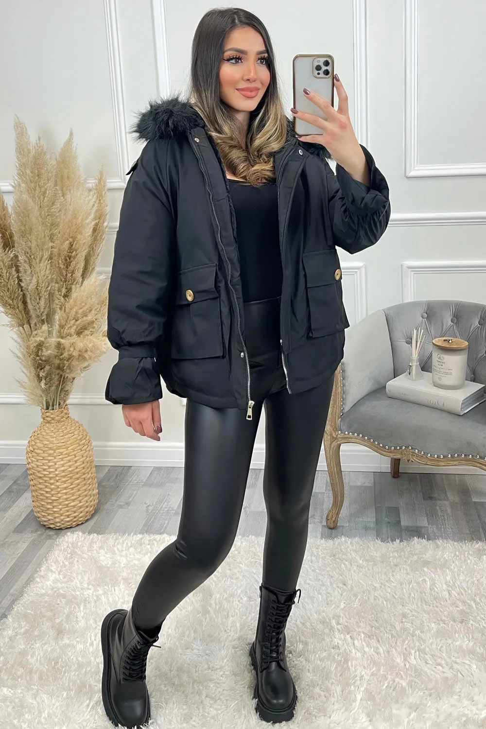 Mandy Black Faux Fur Trim Hooded Oversized Coat