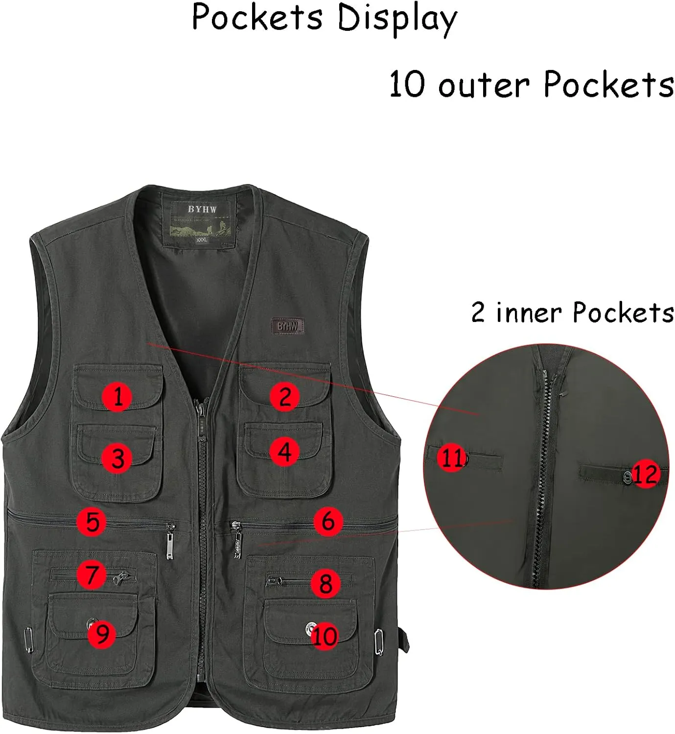 Men's Fishing Vest with Multi-Pocket Sleeveless Jacket Hunting Vest Safari Travel Outdoor Casual Vest Gilet