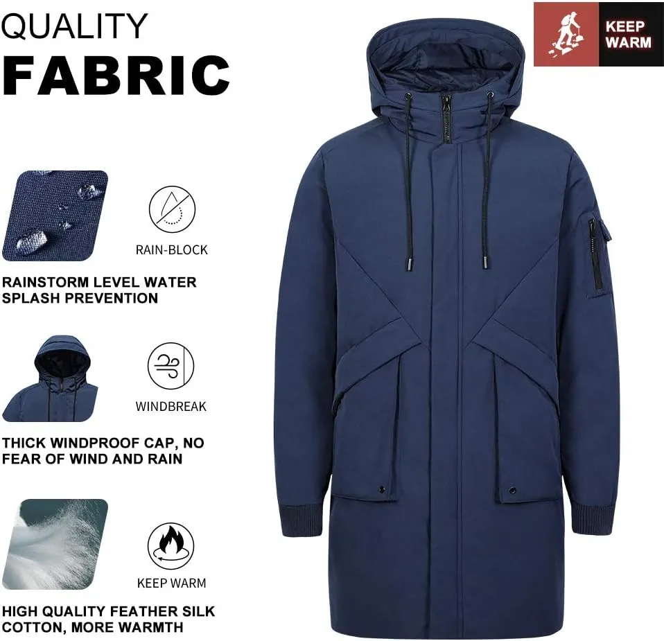 Pioneer Camp Men's Winter Coats Water-Repellent Windproof Thicken Parkas Long Hooded Padded Puffer Jacket