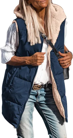 PRETTYGARDEN Womens 2025 Fall Reversible Vests Sleeveless Fleece Jacket Zip Up Hoodie Pockets Long Warm Winter Coat Outerwear