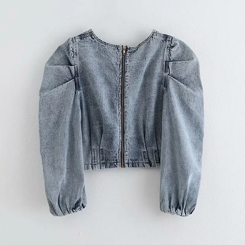 Puff Sleeve Denim Blouse Women