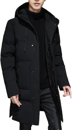 REHJJDFD Men Warm Hooded Mid-Length Parkas Jacket Mens Casual Zip Cotton Padded Jacket Overcoat Parka Coats