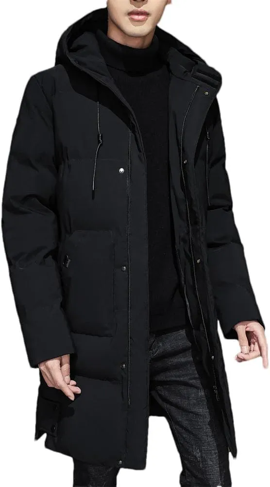 REHJJDFD Men Warm Hooded Mid-Length Parkas Jacket Mens Casual Zip Cotton Padded Jacket Overcoat Parka Coats