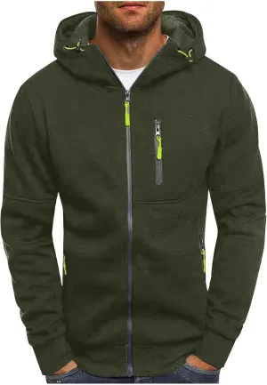 Sport Full Zip Hoodies for Men, Mens Hoodie, Men's Solid Full-Zip Long Sleeve Hooded Sweatshirt with Zipper Pockets