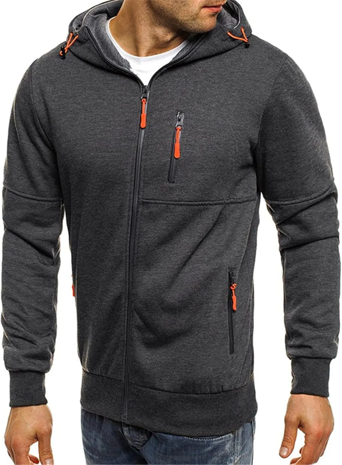 Sport Full Zip Hoodies for Men, Mens Hoodie, Men's Solid Full-Zip Long Sleeve Hooded Sweatshirt with Zipper Pockets