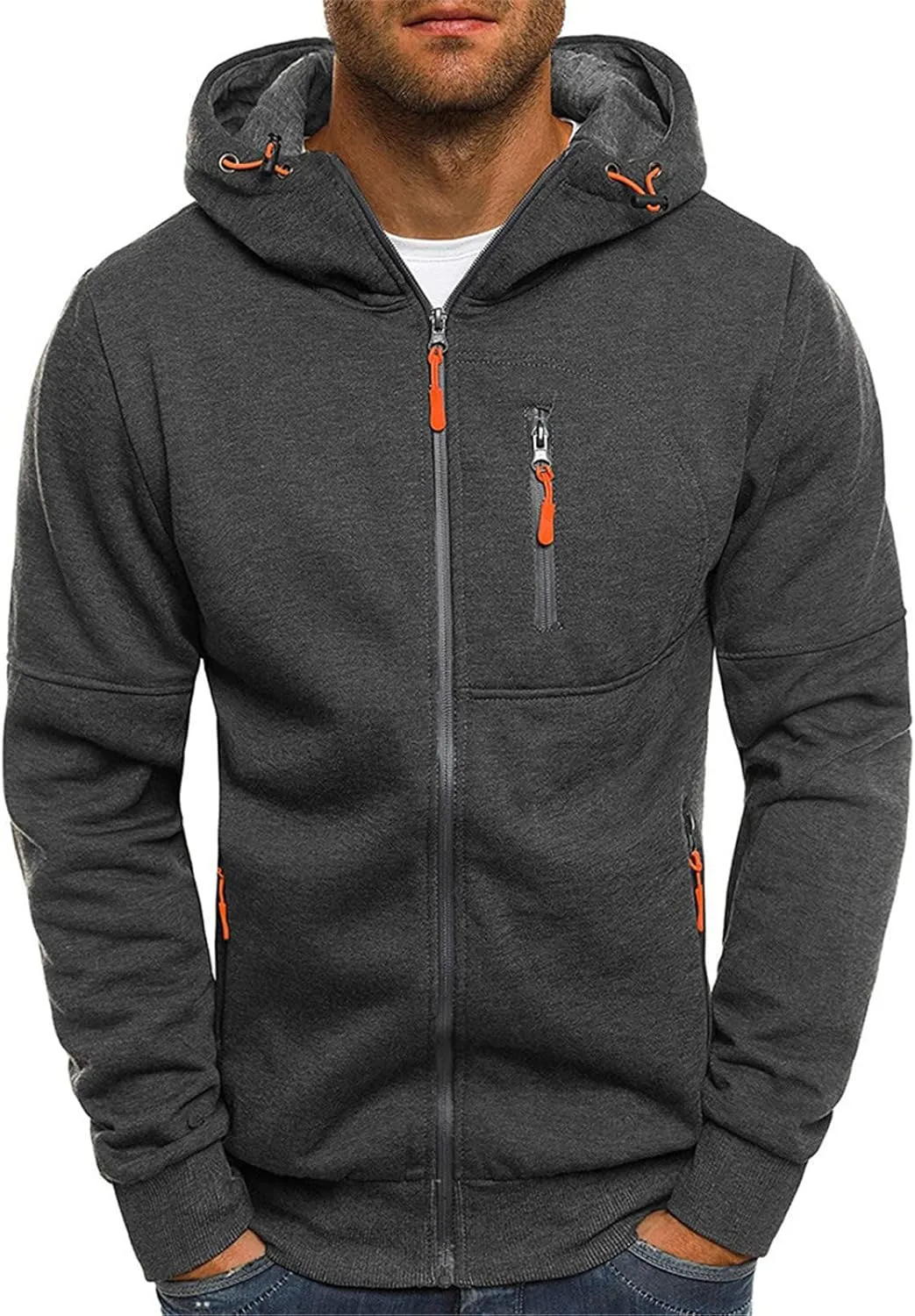 Sport Full Zip Hoodies for Men, Mens Hoodie, Men's Solid Full-Zip Long Sleeve Hooded Sweatshirt with Zipper Pockets