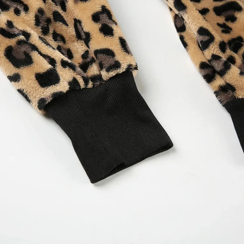 TAVIMART  -  Casual Fur Trim Leopard Coats Loose Hooded Zipper Long Sleeve Jackets Women Autumn Winter Fashion Streetwear Lady