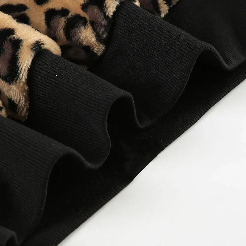 TAVIMART  -  Casual Fur Trim Leopard Coats Loose Hooded Zipper Long Sleeve Jackets Women Autumn Winter Fashion Streetwear Lady