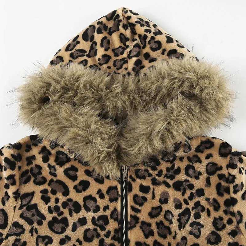 TAVIMART  -  Casual Fur Trim Leopard Coats Loose Hooded Zipper Long Sleeve Jackets Women Autumn Winter Fashion Streetwear Lady