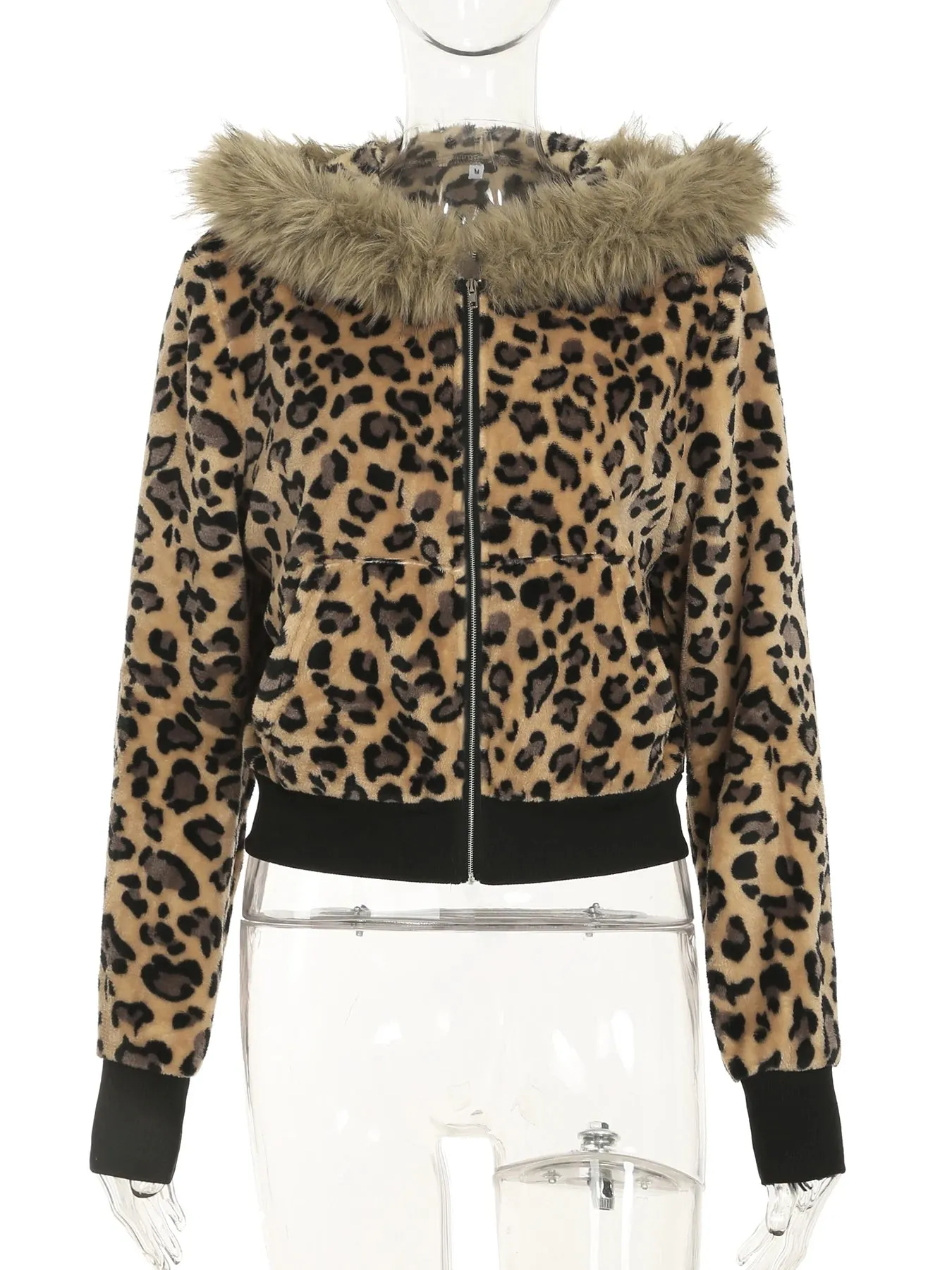 TAVIMART  -  Casual Fur Trim Leopard Coats Loose Hooded Zipper Long Sleeve Jackets Women Autumn Winter Fashion Streetwear Lady