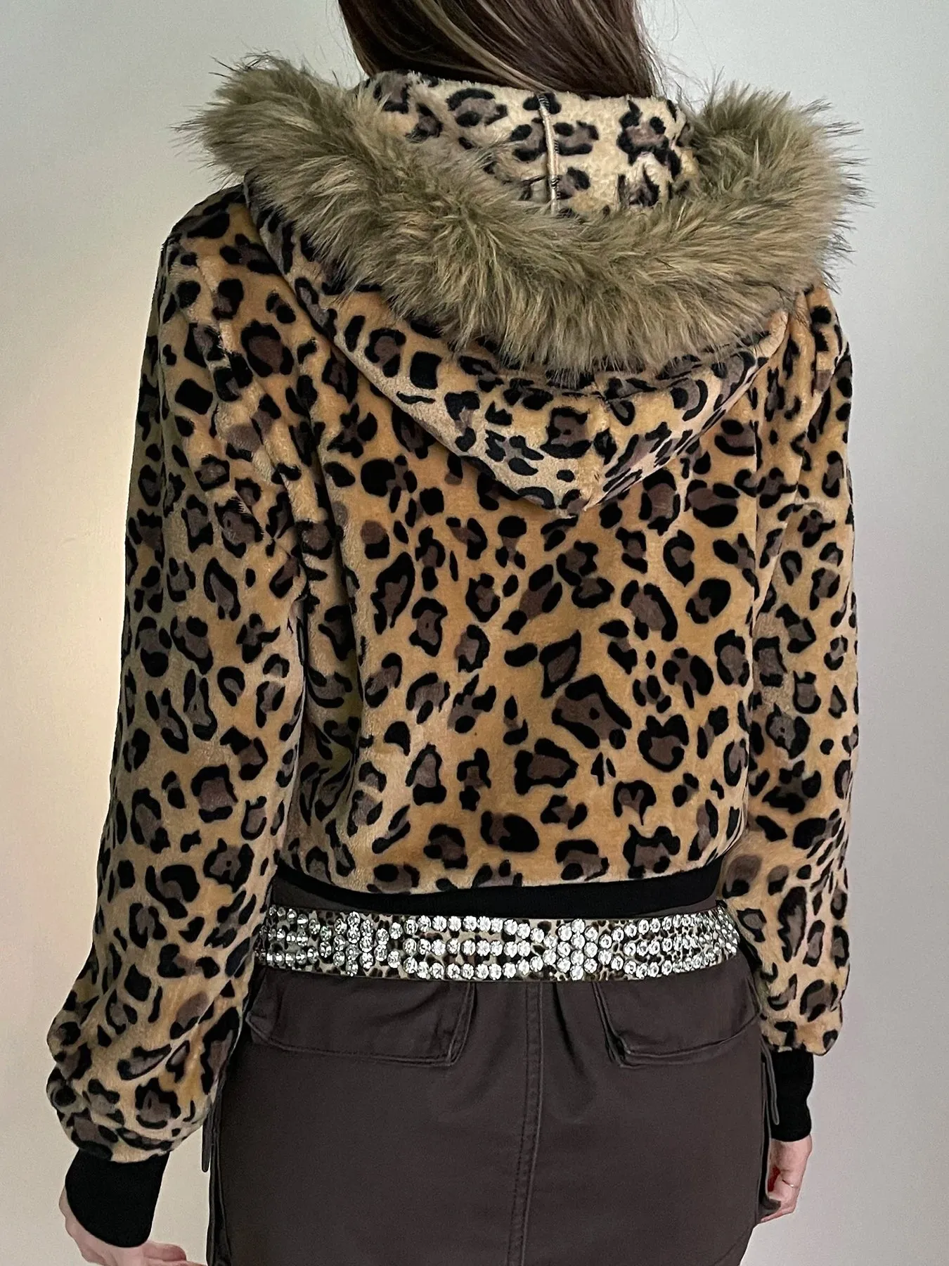 TAVIMART  -  Casual Fur Trim Leopard Coats Loose Hooded Zipper Long Sleeve Jackets Women Autumn Winter Fashion Streetwear Lady