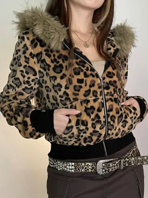 TAVIMART  -  Casual Fur Trim Leopard Coats Loose Hooded Zipper Long Sleeve Jackets Women Autumn Winter Fashion Streetwear Lady