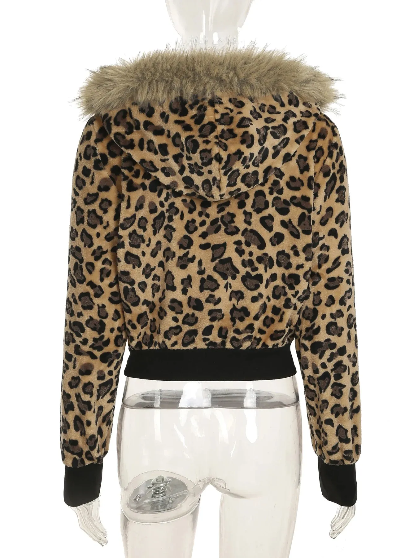 TAVIMART  -  Casual Fur Trim Leopard Coats Loose Hooded Zipper Long Sleeve Jackets Women Autumn Winter Fashion Streetwear Lady