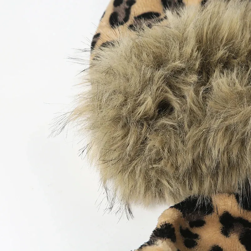 TAVIMART  -  Casual Fur Trim Leopard Coats Loose Hooded Zipper Long Sleeve Jackets Women Autumn Winter Fashion Streetwear Lady