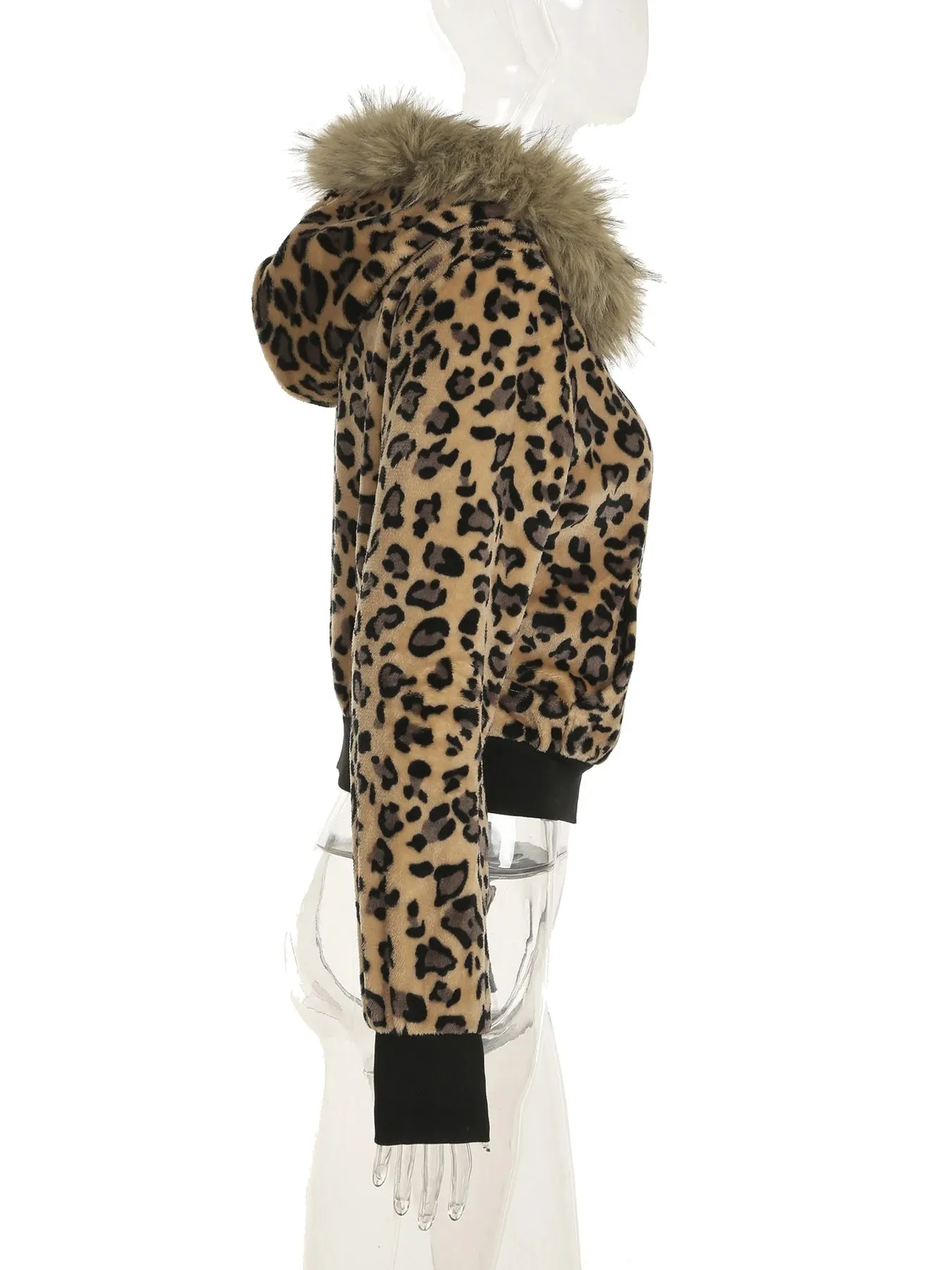 TAVIMART  -  Casual Fur Trim Leopard Coats Loose Hooded Zipper Long Sleeve Jackets Women Autumn Winter Fashion Streetwear Lady