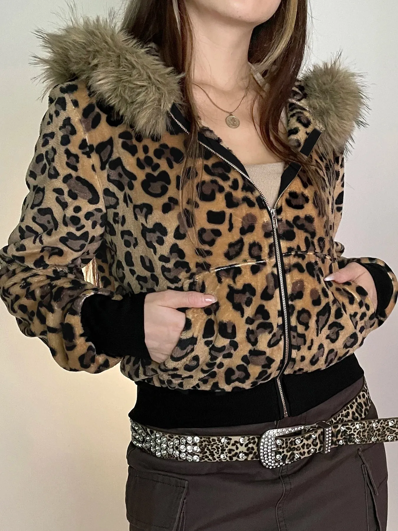 TAVIMART  -  Casual Fur Trim Leopard Coats Loose Hooded Zipper Long Sleeve Jackets Women Autumn Winter Fashion Streetwear Lady