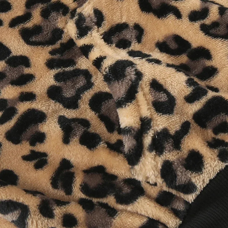 TAVIMART  -  Casual Fur Trim Leopard Coats Loose Hooded Zipper Long Sleeve Jackets Women Autumn Winter Fashion Streetwear Lady