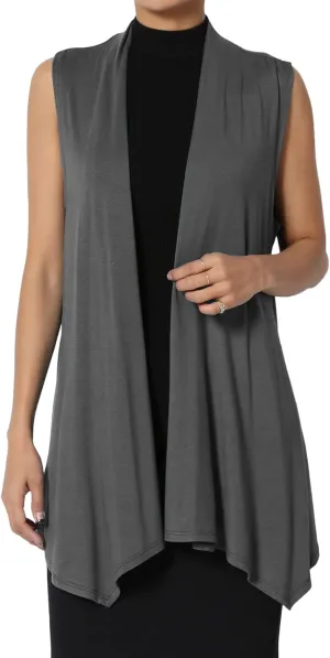 TheMogan Women's Long Vests Sleeveless Draped Lightweight Open Front Cardigan