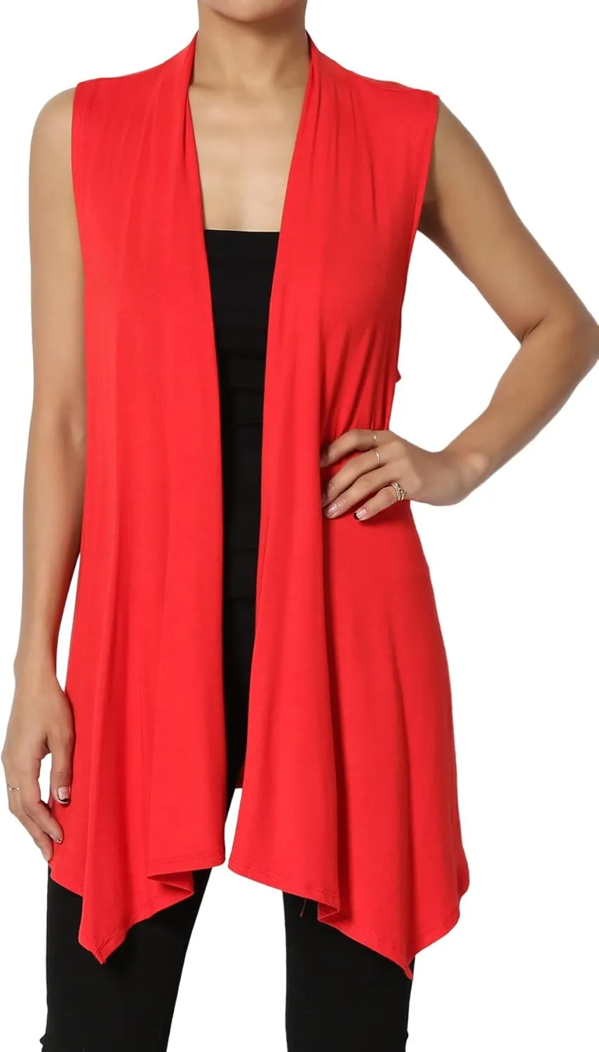 TheMogan Women's Long Vests Sleeveless Draped Lightweight Open Front Cardigan