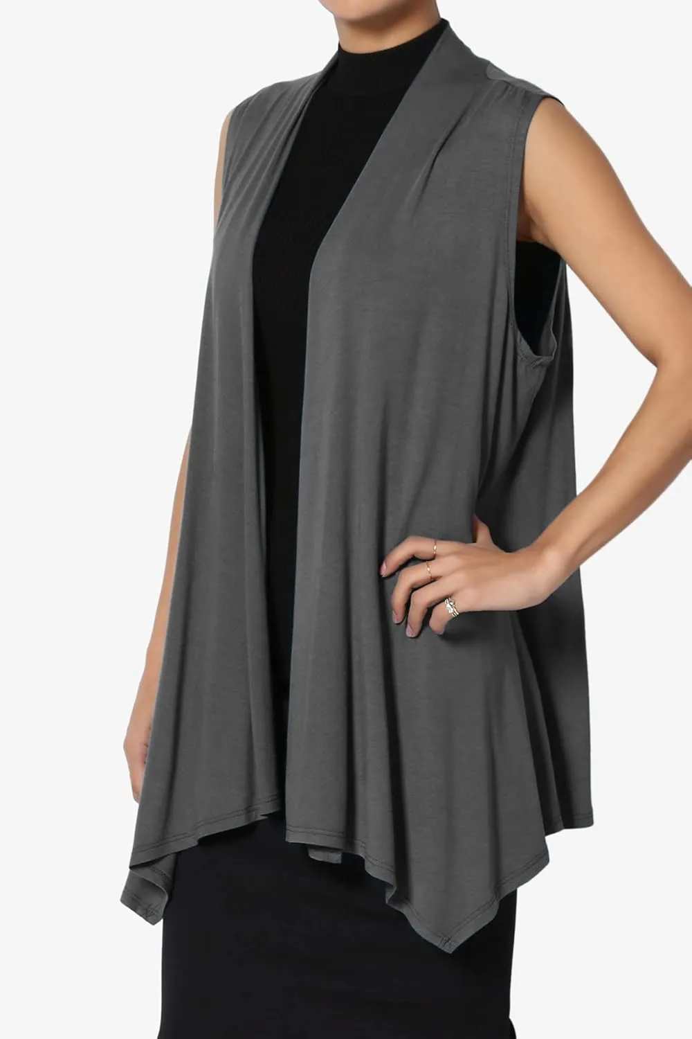 TheMogan Women's Long Vests Sleeveless Draped Lightweight Open Front Cardigan