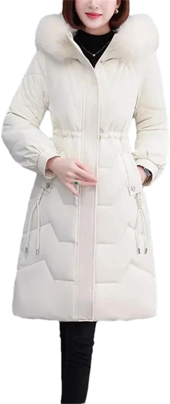 Winter Down Cotton Coat Women Long Warm Padded Puffer Jacket Fur Collar Hooded Cotton-Padded Parkas Overcoat