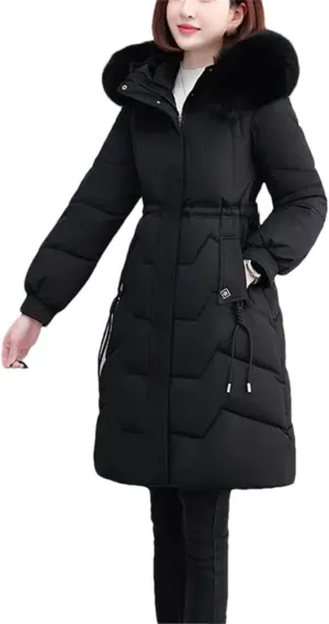 Winter Down Cotton Coat Women Long Warm Padded Puffer Jacket Fur Collar Hooded Cotton-Padded Parkas Overcoat