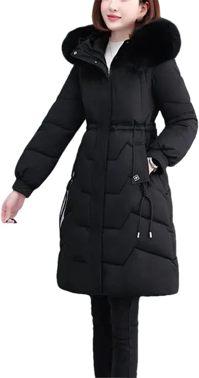 Winter Down Cotton Coat Women Long Warm Padded Puffer Jacket Fur Collar Hooded Cotton-Padded Parkas Overcoat