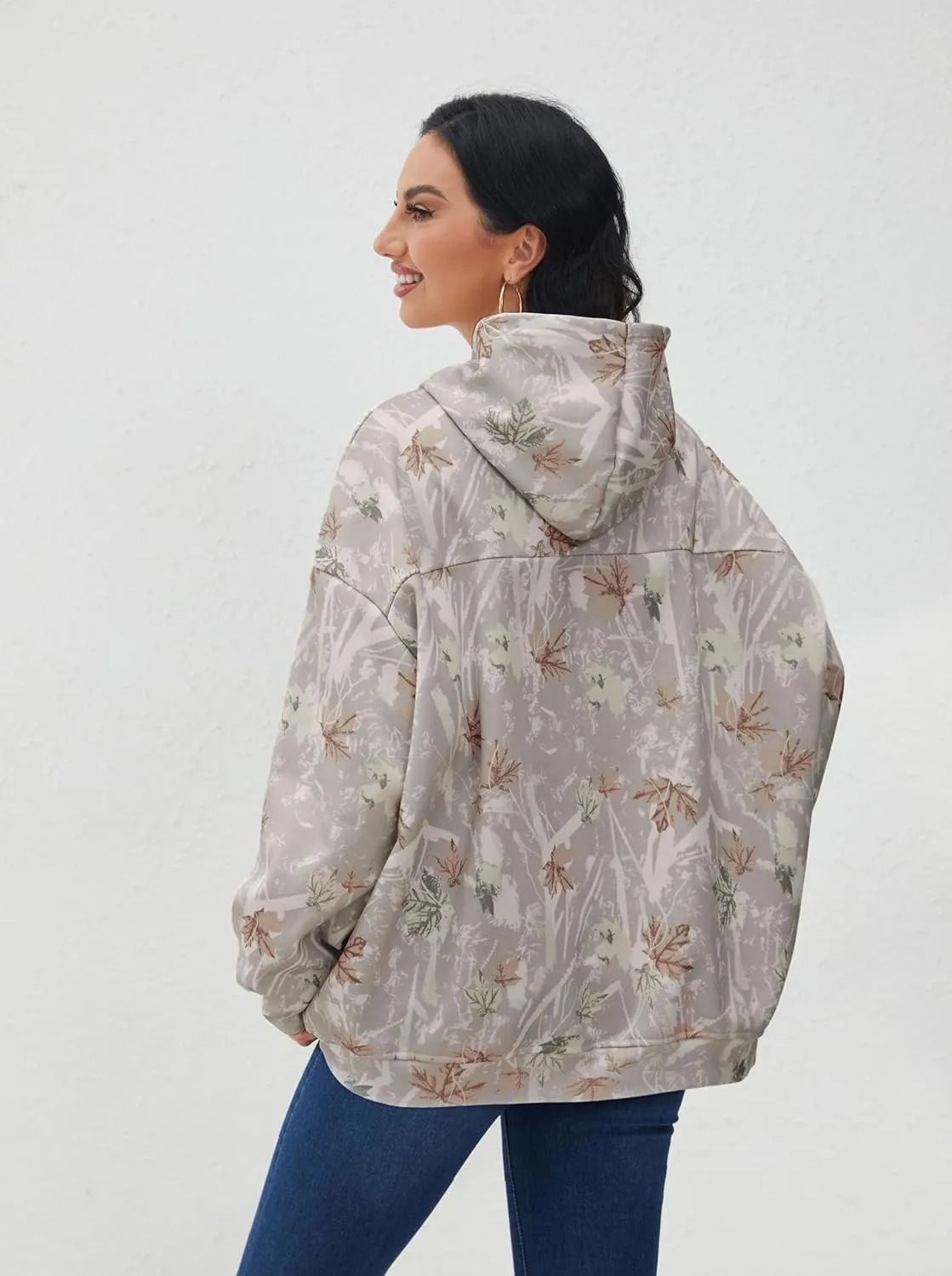 Women Oversized Fleece Camo Hoodies Maple Leaf Hooded Sweatshirt Casual Long Sleeve Fall Pullover Tops With Pockets