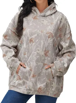 Women Oversized Fleece Camo Hoodies Maple Leaf Hooded Sweatshirt Casual Long Sleeve Fall Pullover Tops With Pockets