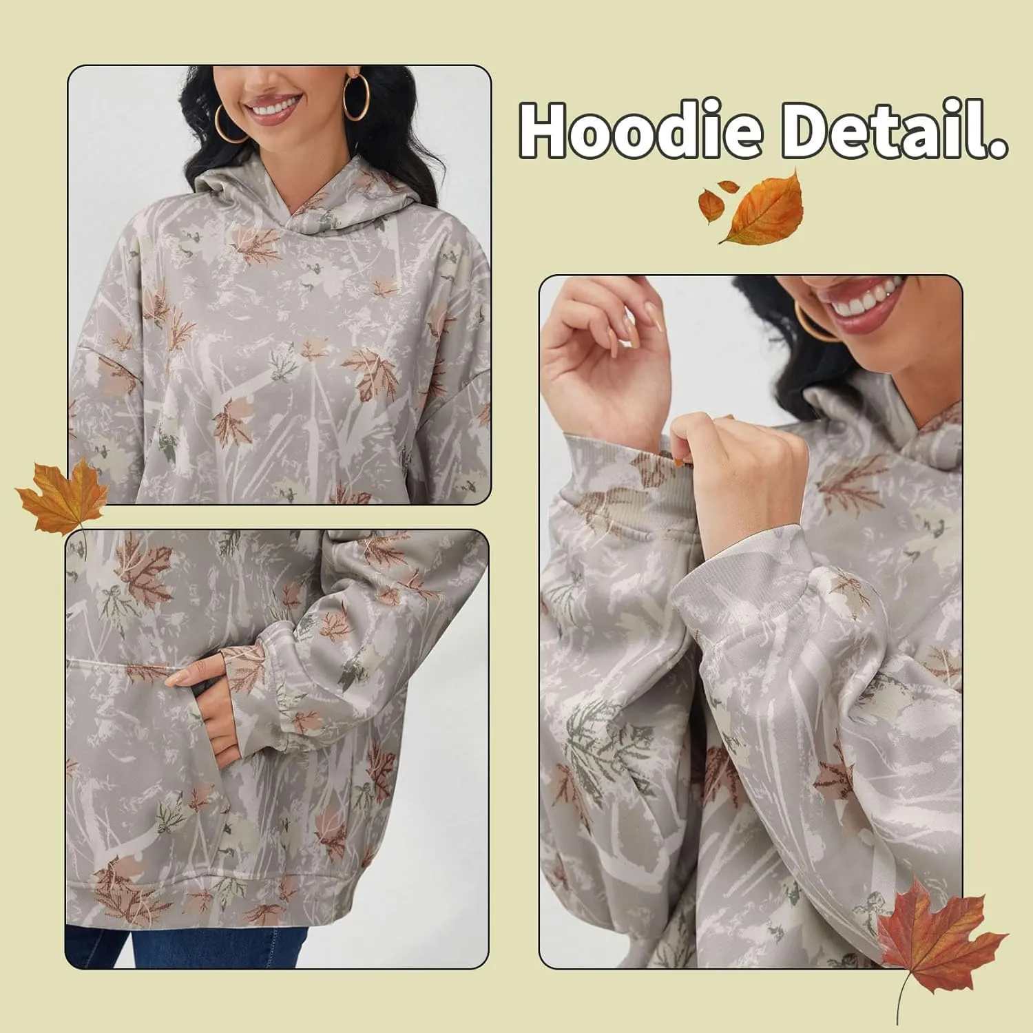 Women Oversized Fleece Camo Hoodies Maple Leaf Hooded Sweatshirt Casual Long Sleeve Fall Pullover Tops With Pockets